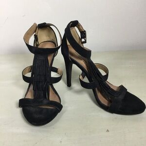 Stiletto heel black suede strappy sandals buckle fastening western tassel sz 5